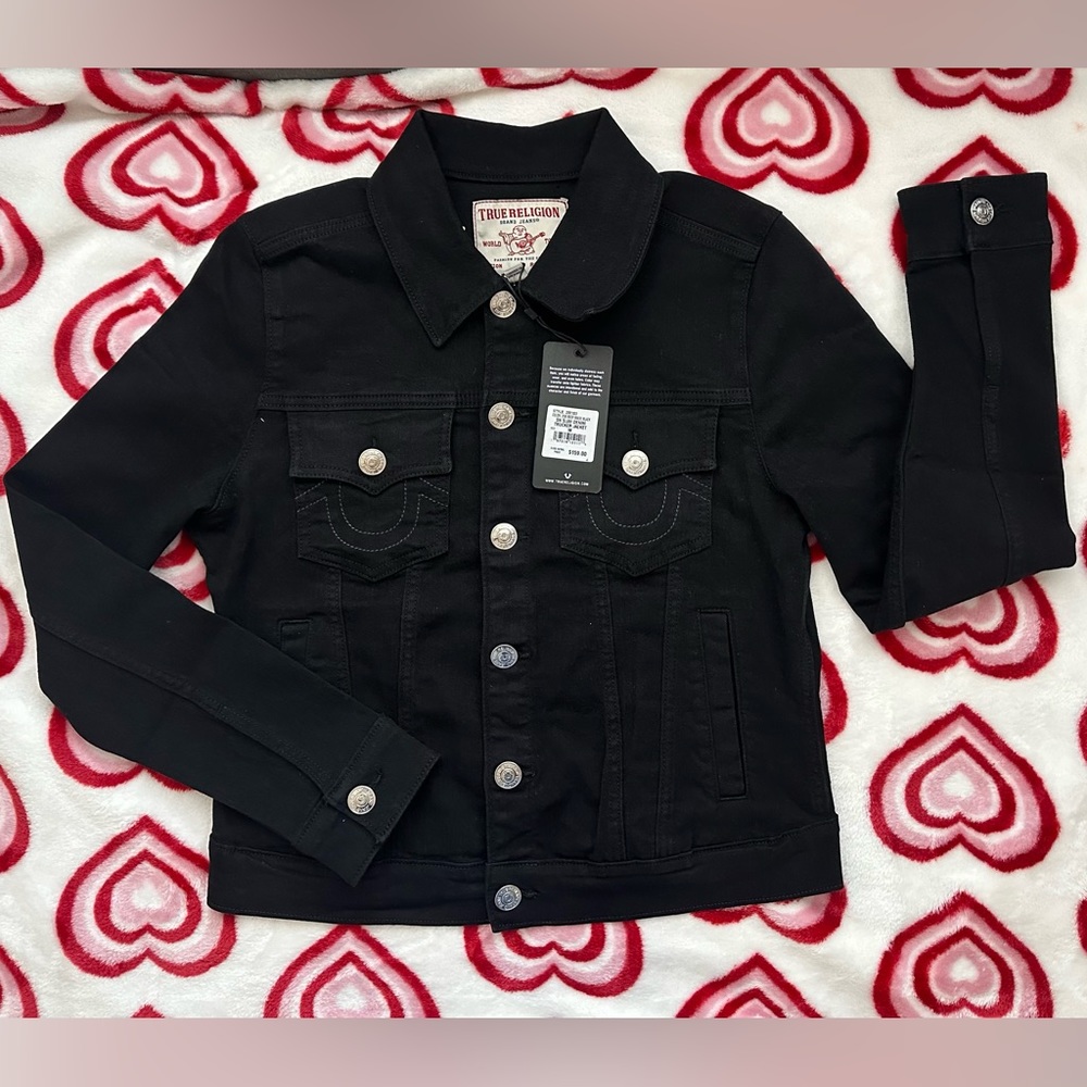 True Religion Womens Slim Black Denim Trucker Jacket